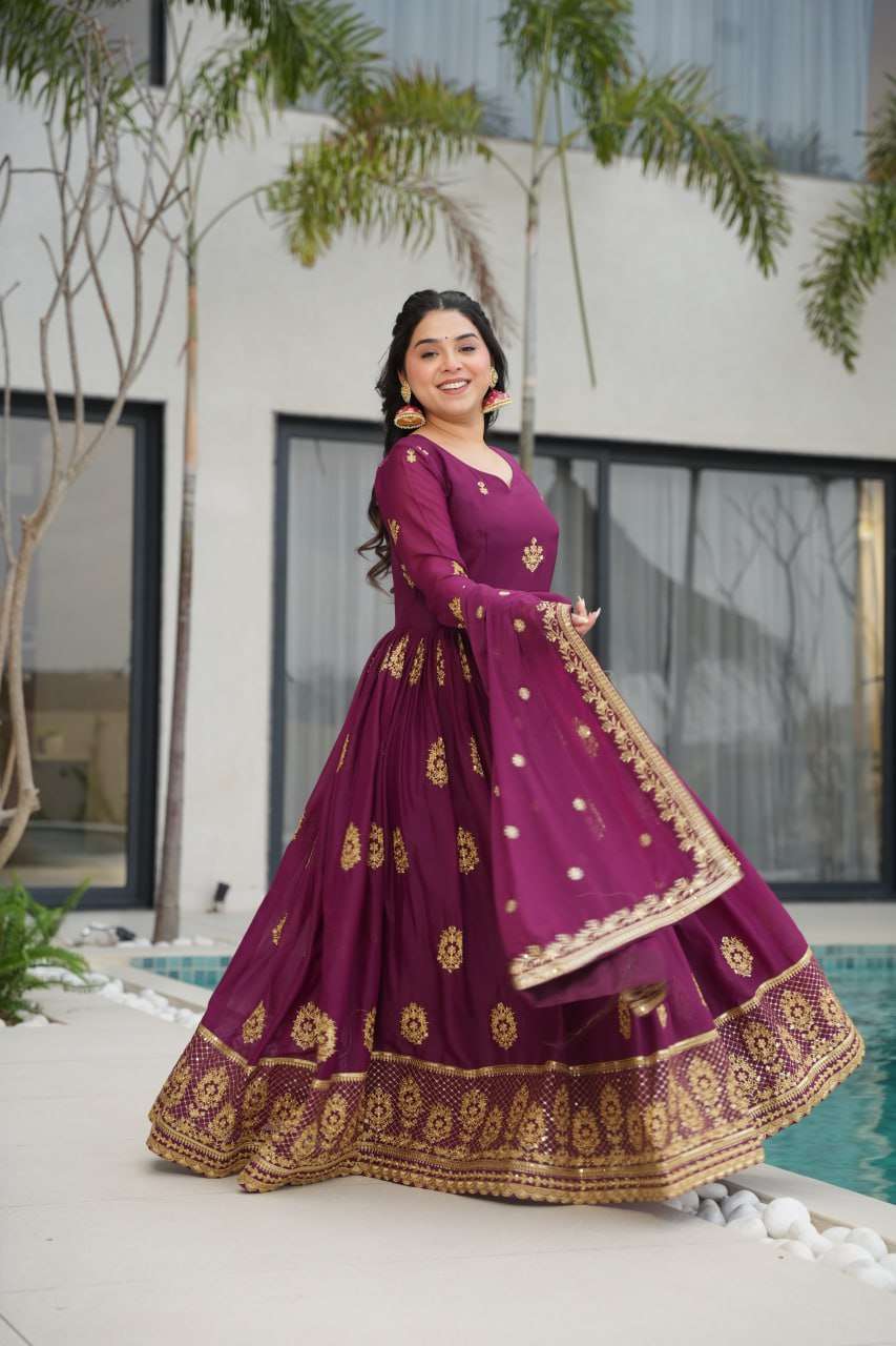 Womenâs Ethnic Anarkali Style Floor-Length Gown in Magenta with Golden Zari Embroidery â Festive & Wedding Wear - Wine Purple, XL (42)