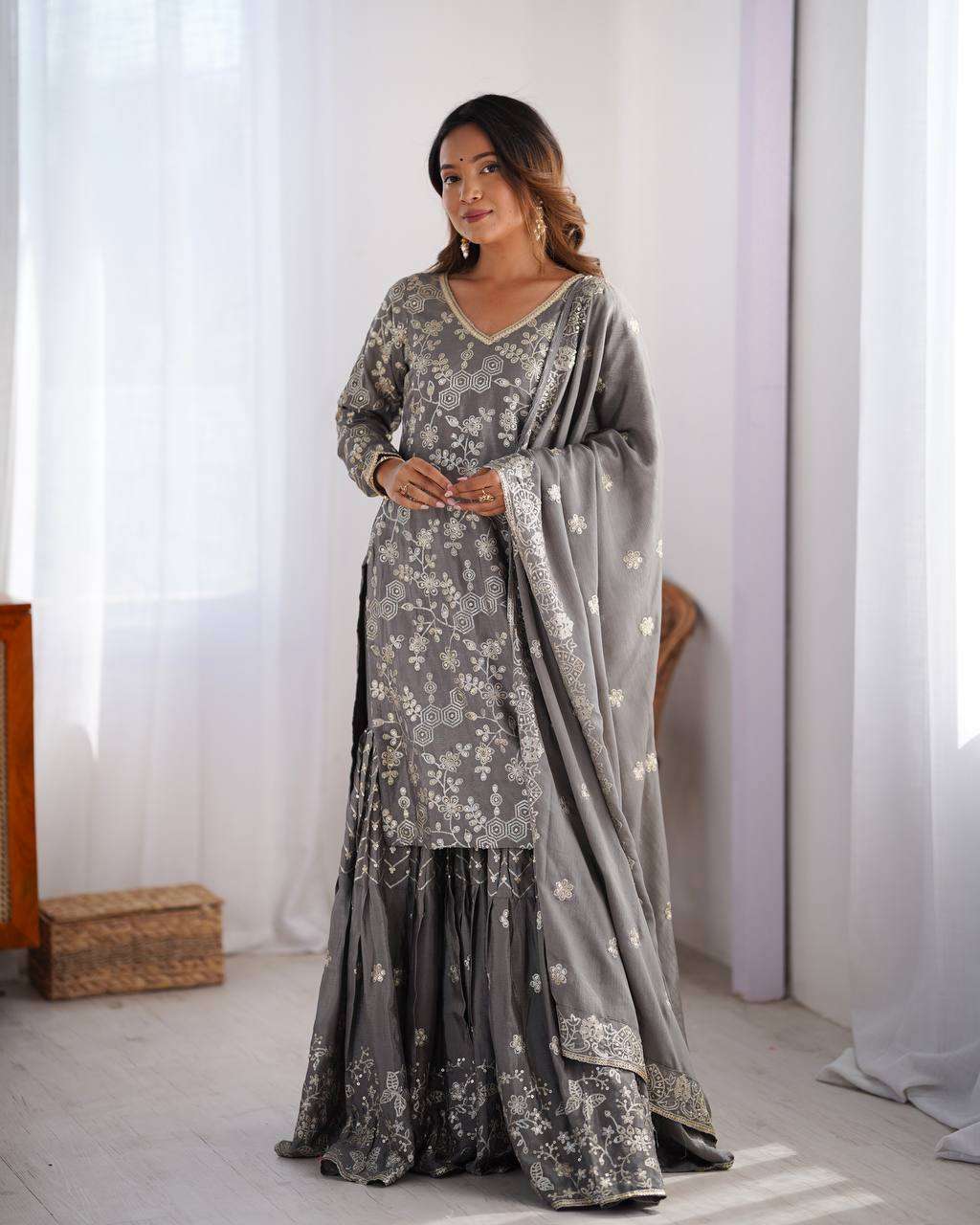 Women's Chinon Silk Embroidery Sequence Work Straight Kurti With Sharara Suit and Dupatta Set - Green, XL