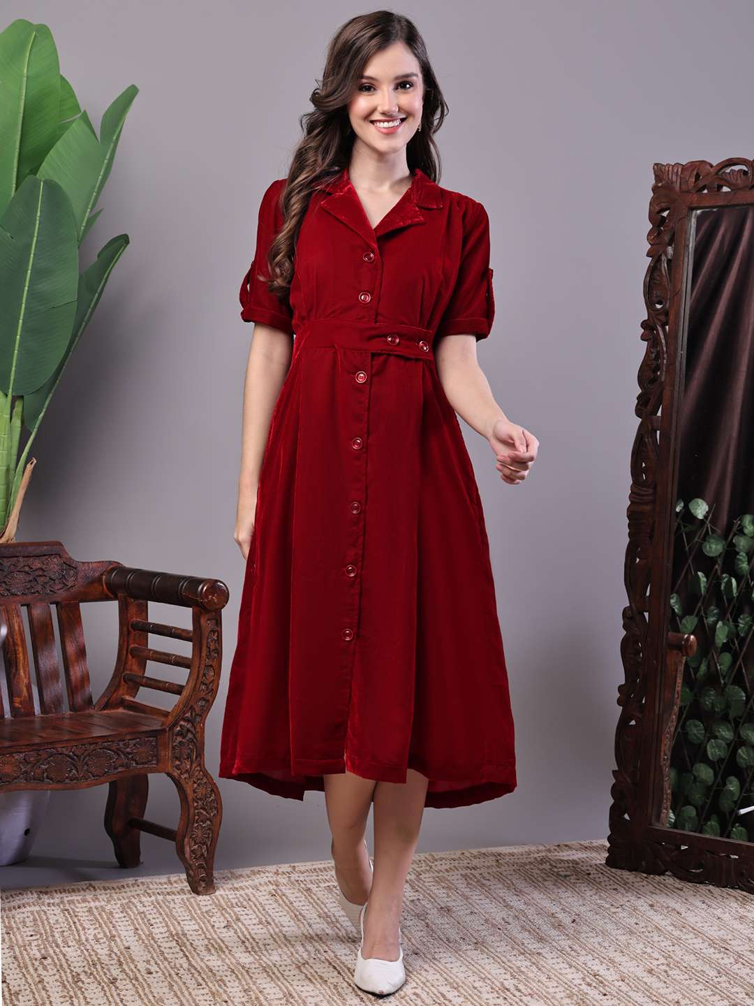 Women's Maroon Velvet Solid Printed Shirt Midi Dress with Belt - XL