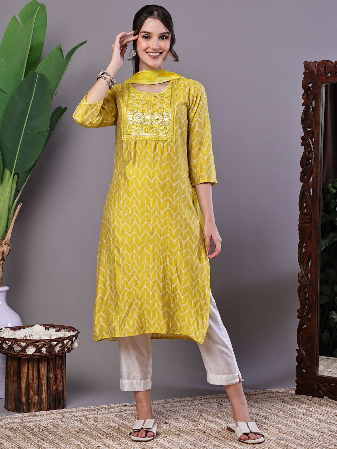 Women's Mustard Yellow Chevron Print Chanderi Kurta Set with Mirror Work Suit Sets - XXL