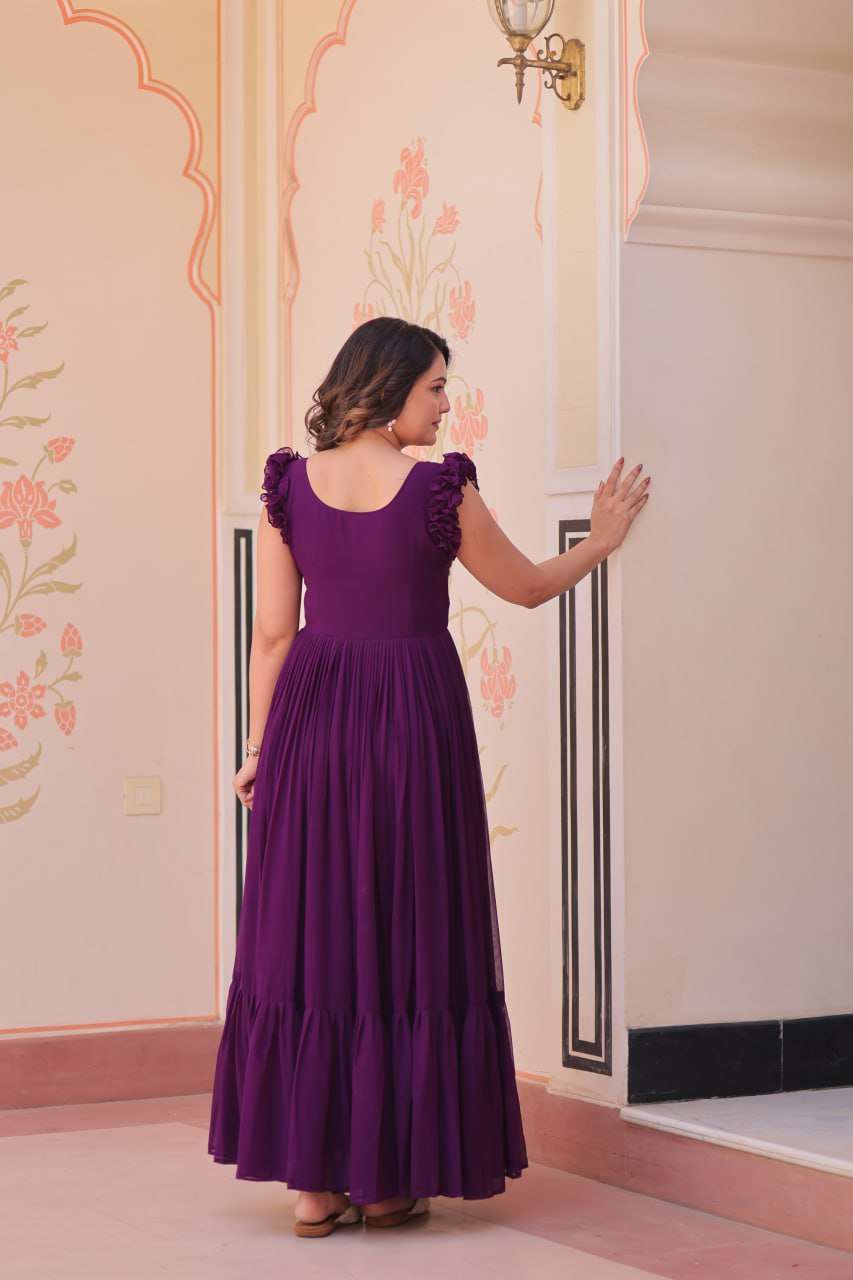 Women's Elegant Plum Purple Georgette Anarkali Gown with Butterfly Applique & Ruffle Sleeves â Festive & Special Occasion Wear - Purple, XL (42)