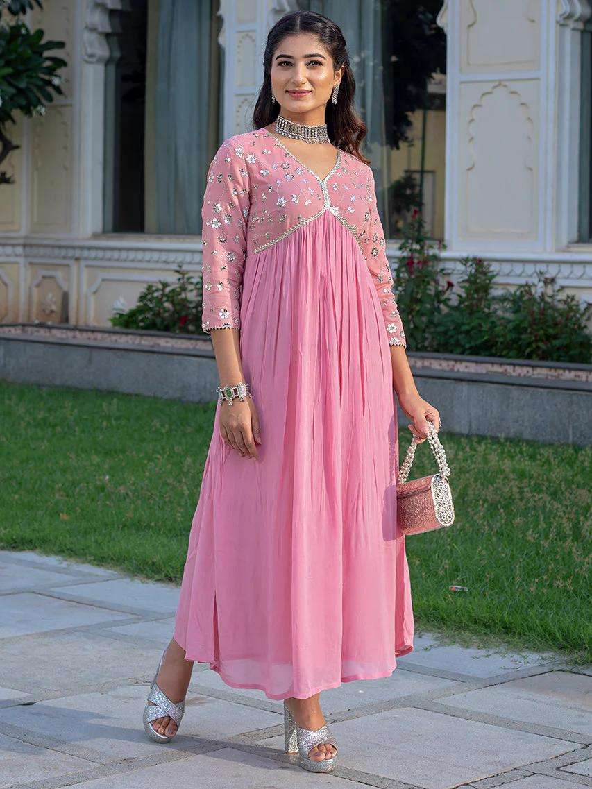 Women's Rayon embroidery work Georgette Fit & Flare Dress - M