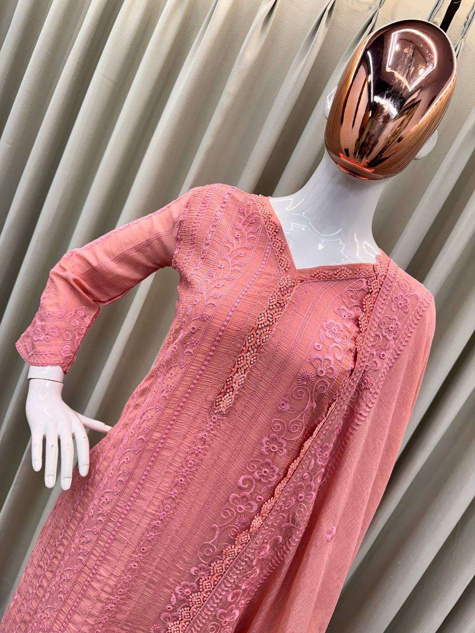 Women's Chinon Silk with Cotton Thread Embroidery Straight Kurti With Pant and Dupatta set - Gajri, L
