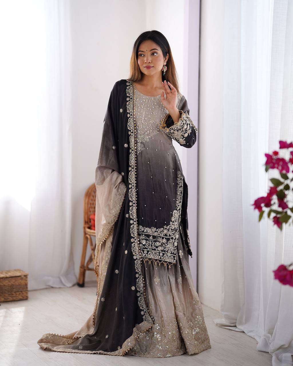 Women's Chinon Silk Sequence With Rivet Moti Work Straight Kurta With Sharara and Dupatta Set - Black Grey, XXL