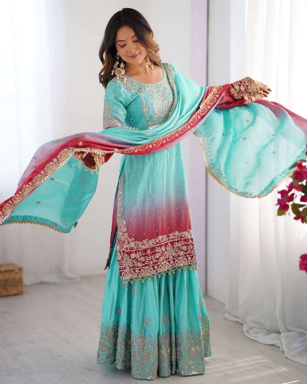 Women's Chinon Silk Sequence With Rivet Moti Work Straight Kurta With Sharara and Dupatta Set - Light Sky Blue, XXL