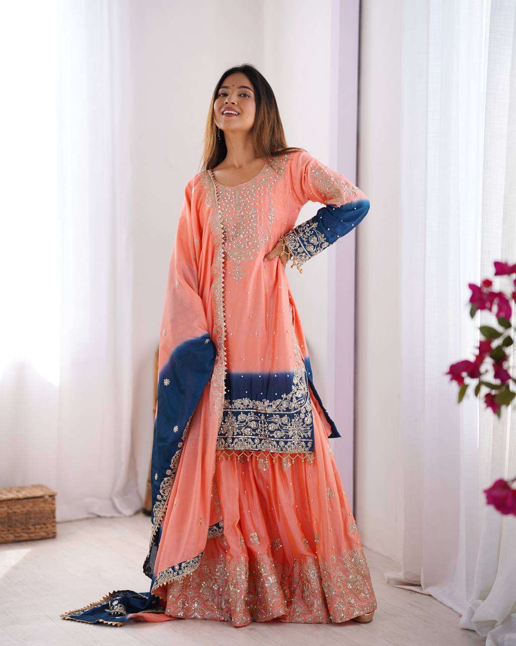 Women's Chinon Silk Sequence With Rivet Moti Work Straight Kurta With Sharara and Dupatta Set - Peach, M