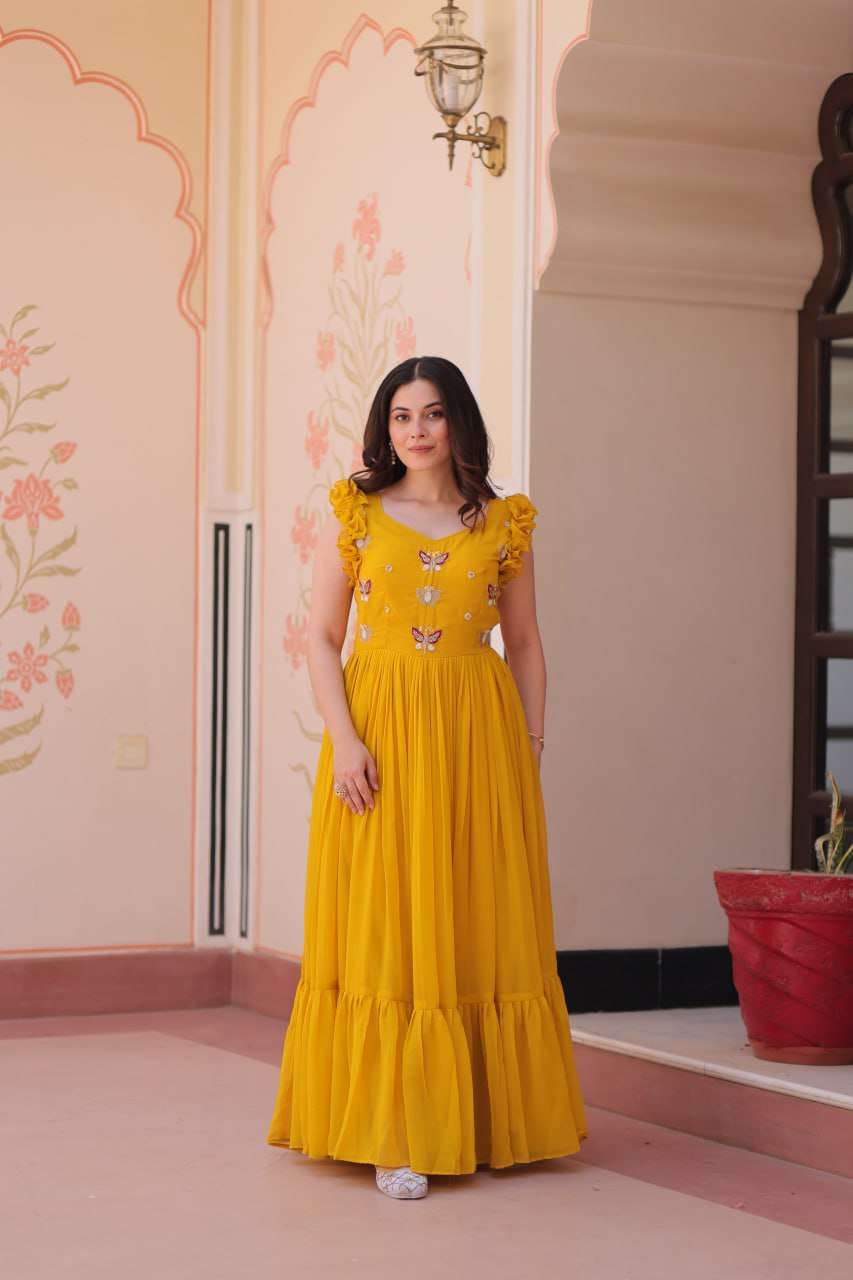 Women's Elegant Plum Purple Georgette Anarkali Gown with Butterfly Applique & Ruffle Sleeves â Festive & Special Occasion Wear - Yellow, M (38)