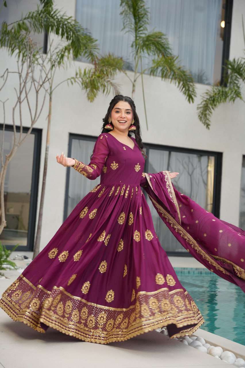 Womenâs Ethnic Anarkali Style Floor-Length Gown in Magenta with Golden Zari Embroidery â Festive & Wedding Wear
