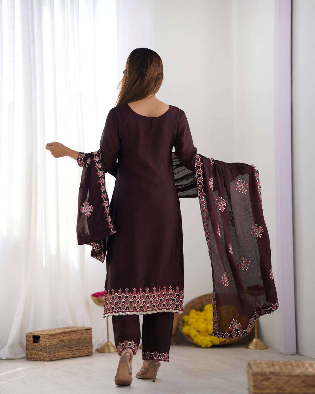 Women's Chinnon Silk Embroidery Sequence Work and Lace Work Straight Kurti With Pant and Dupatta - Maroon, XL