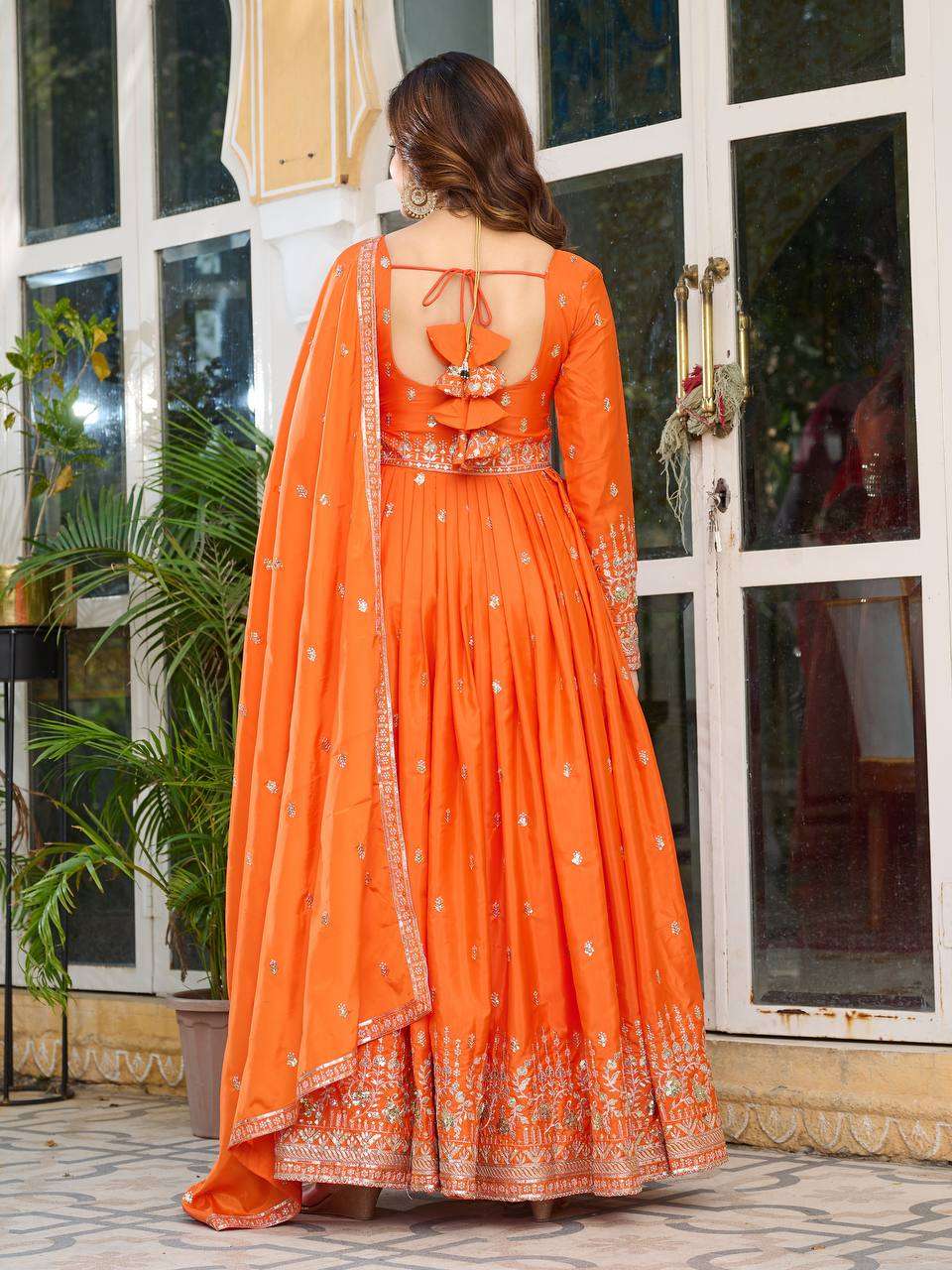 Women's American Silk Sequence Embroidery Long Anarkali Kurti (Gown) With Dupatta - Orange, L
