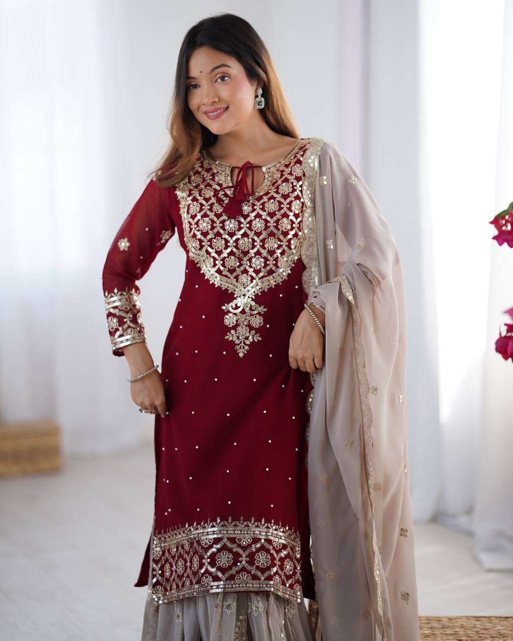 Women's Faux Georgette Sequins Embroidered Straight Kurta With Sharara Suit and Dupatta Set - Maroon, XXL