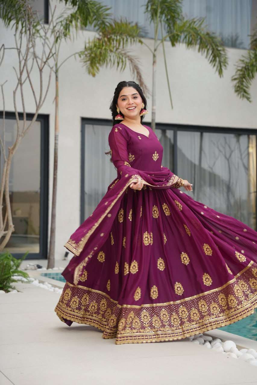 Womenâs Ethnic Anarkali Style Floor-Length Gown in Magenta with Golden Zari Embroidery â Festive & Wedding Wear - Wine Purple, L (40)