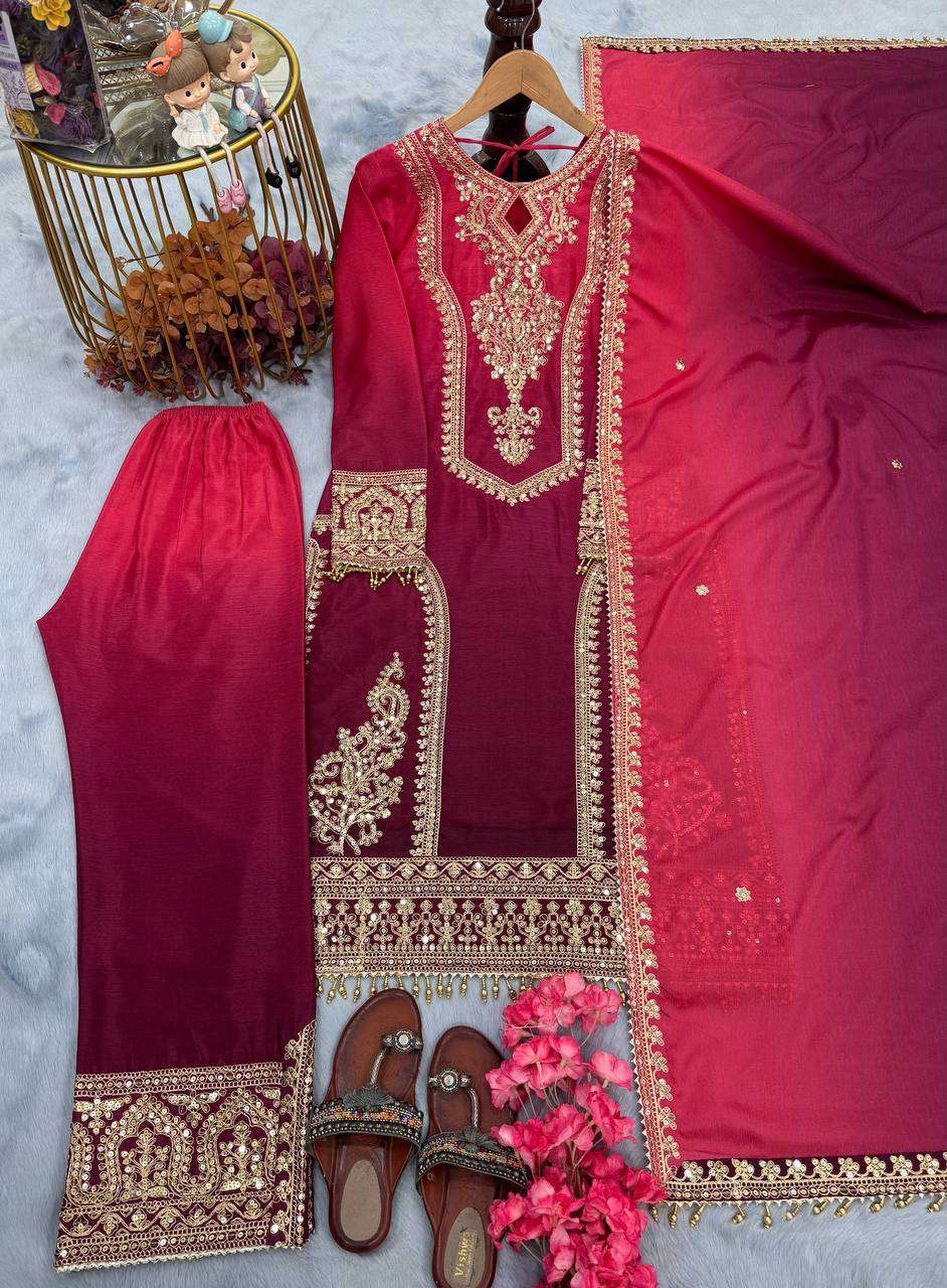 Women's Chinon Silk Embroidery Straight Pakistani Salwar Suit and Dupatta - Pink, XL