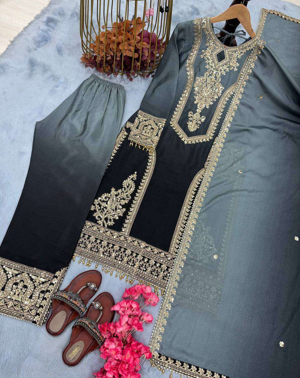 Women's Chinon Silk Embroidery Straight Pakistani Salwar Suit and Dupatta - Black, L