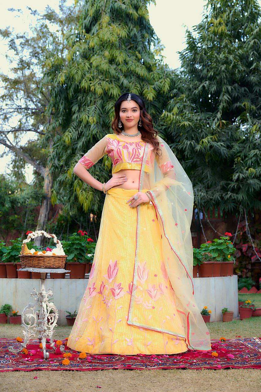 Women's Tussar Silk Patola Printed Lehenga Set with Dupatta ? Stitched with Can Can Flair - Yellow