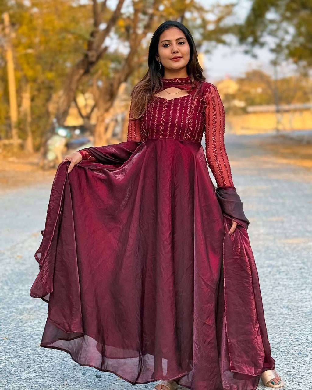 Women's Silk Heavy Embroidery Sequence Work Long Anarkali Kurti With Pant and Dupatta Set - Maroon, XL