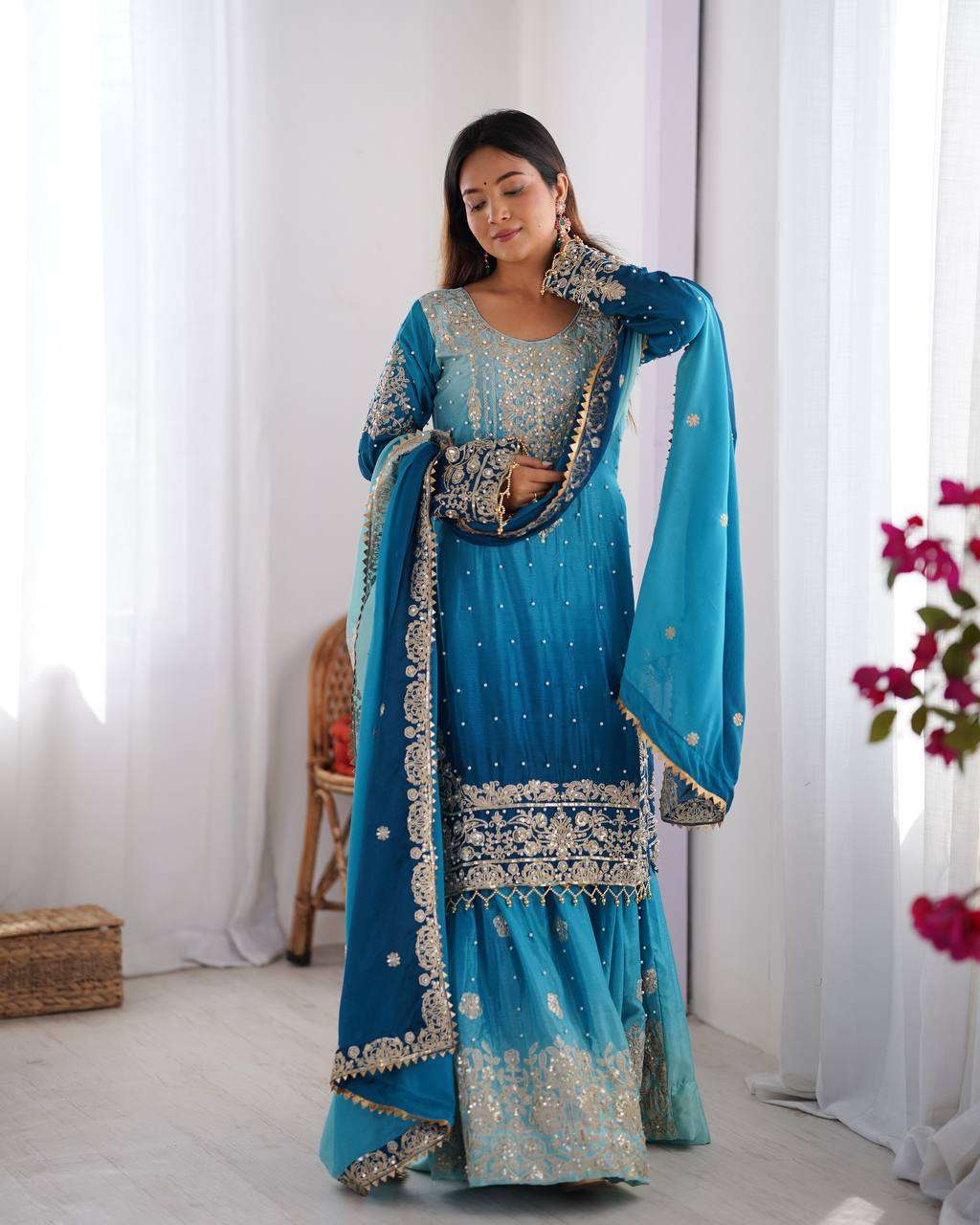 Women's Chinon Silk Sequence With Rivet Moti Work Straight Kurta With Sharara and Dupatta Set - Aqua Blue, XL