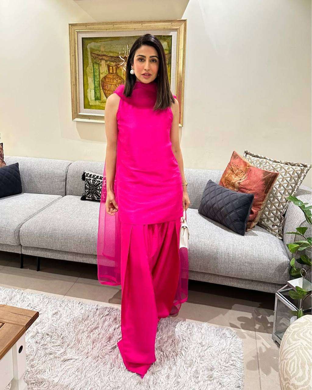 Women's Fendi Silk Solid Semi Stitched Sleeveless Kurti With Salwar and Dupatta set - Dark Pink, M
