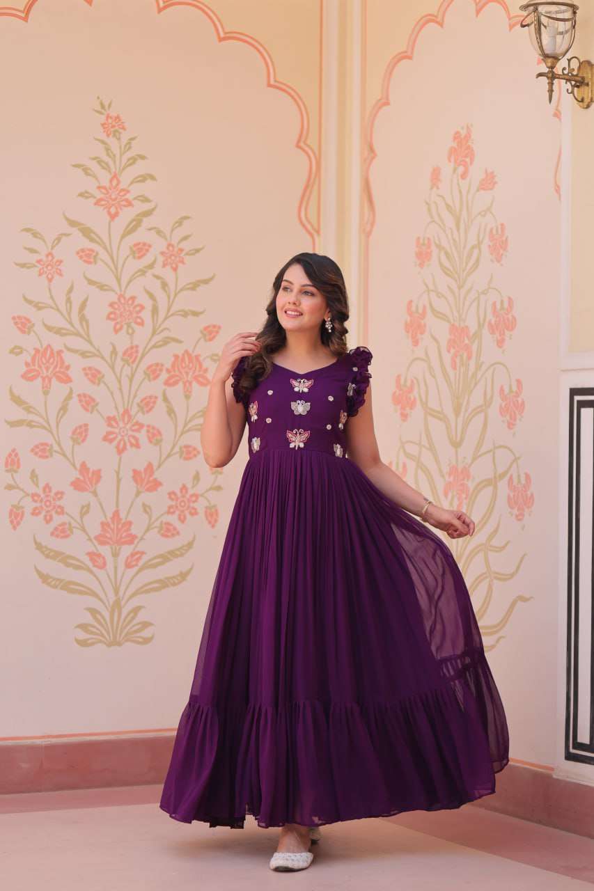 Women's Elegant Plum Purple Georgette Anarkali Gown with Butterfly Applique & Ruffle Sleeves â Festive & Special Occasion Wear - Purple, XXL (44)