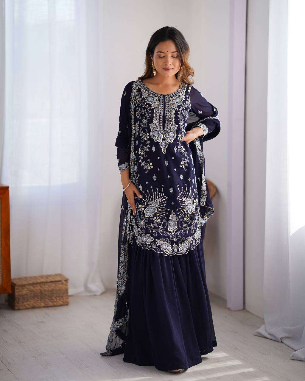 Women's Faux Georgette Sequins & Thread Work Straight Kurta With Sharara Suit and Dupatta Set - Nevy Blue, XL