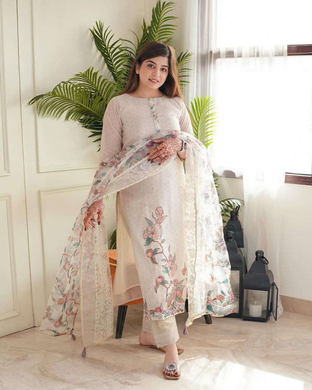 Women's Lilan Cotton Floral Printed Straight Pakistani Kurti with Pant and Dupattta - Beige, L