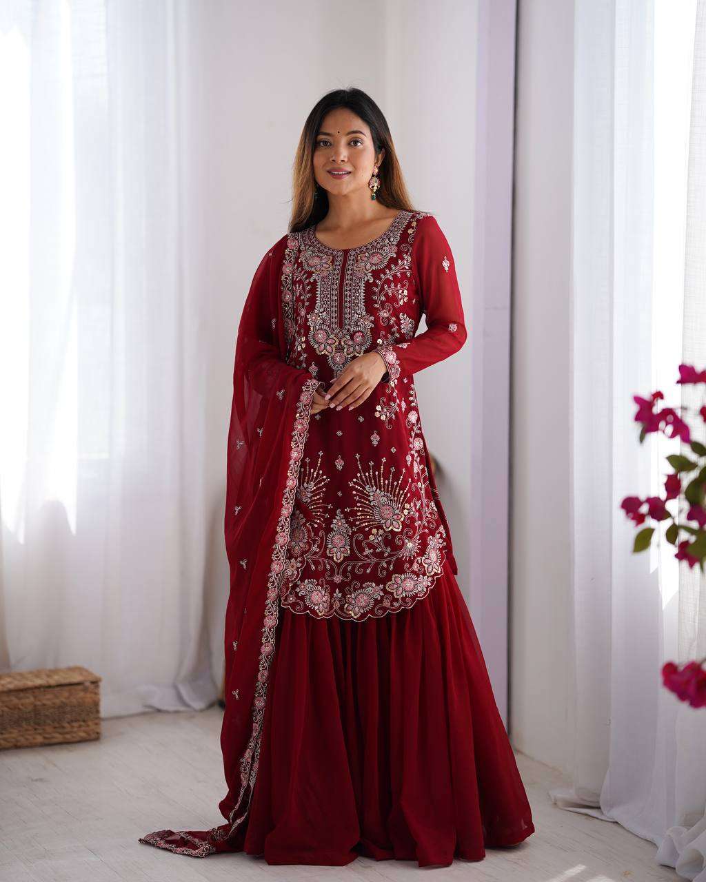 Women's Faux Georgette Sequins & Thread Work Straight Kurta With Sharara Suit and Dupatta Set - Red, L