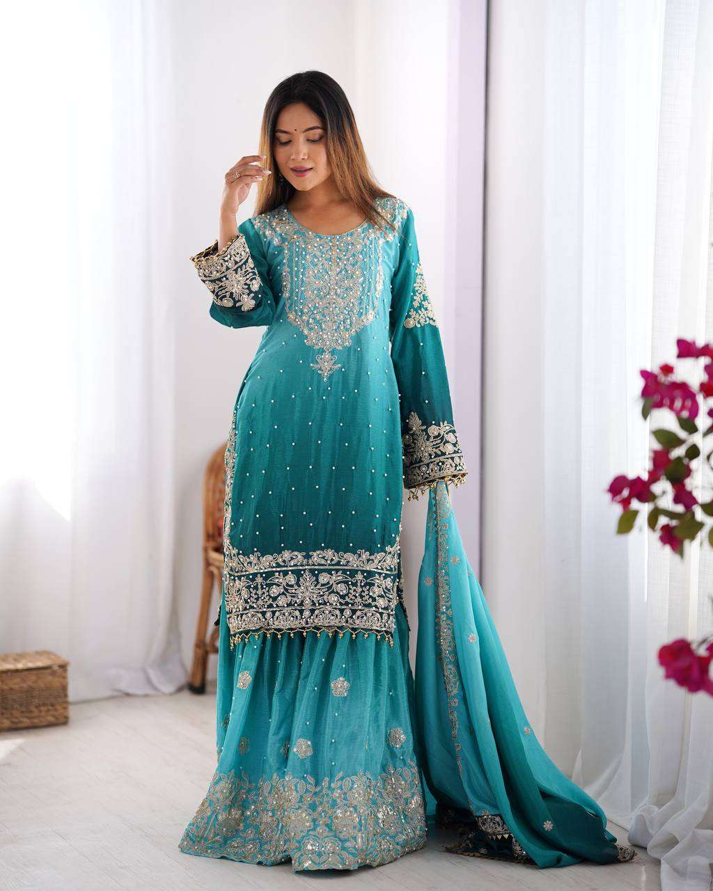 Women's Chinon Silk Sequence With Rivet Moti Work Straight Kurta With Sharara and Dupatta Set - Sky Blue, XXL
