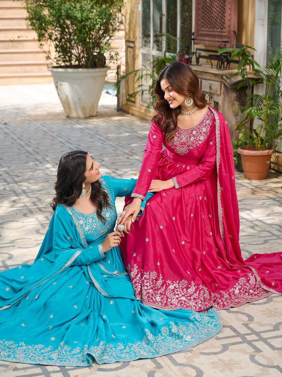 Women's American Silk Sequence Embroidery Long Anarkali Kurti Gown With Dupatta - Aqua Blue, M