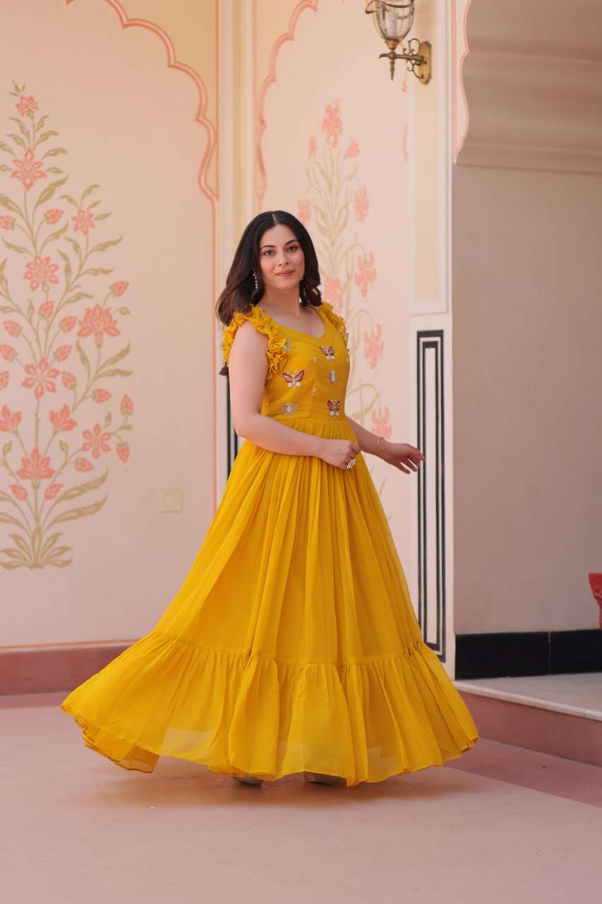 Women's Elegant Plum Purple Georgette Anarkali Gown with Butterfly Applique & Ruffle Sleeves â Festive & Special Occasion Wear - Yellow, XXL (44)