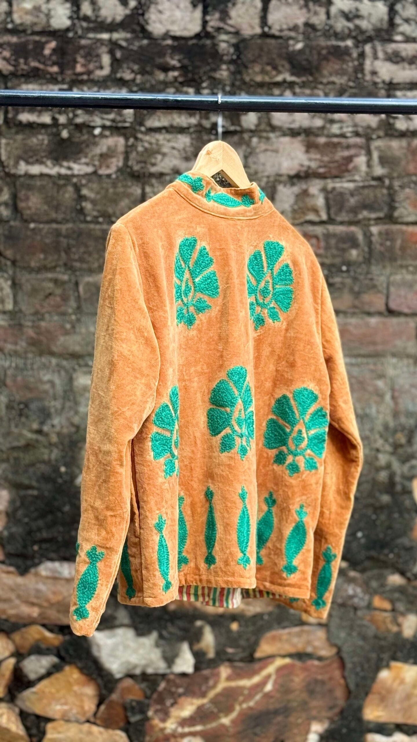 Womens Rust Velvet Embroidered Jacket with Floral Design