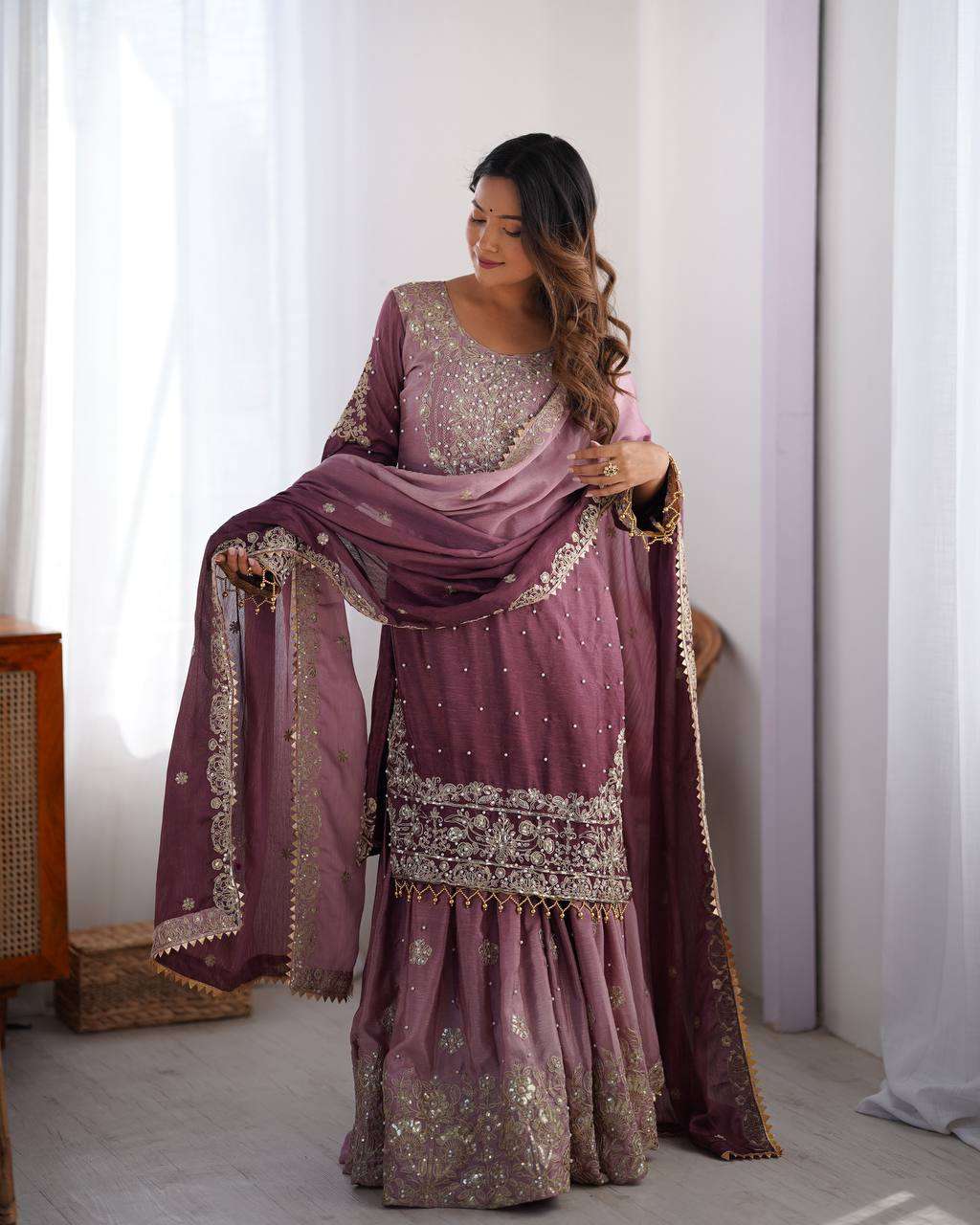 Women's Chinon Silk Sequence With Rivet Moti Work Straight Kurta With Sharara and Dupatta Set - Purple, L
