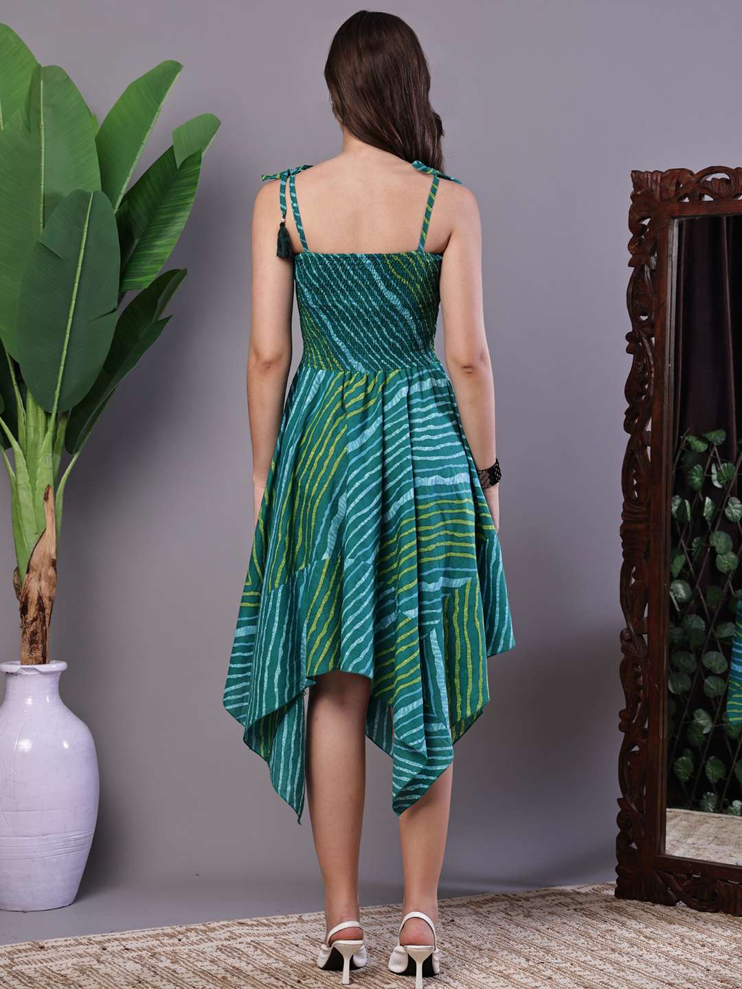 Women's Leheriya Asymmetrical Hem Smocked A-Line Dress Midi Dresses - XL