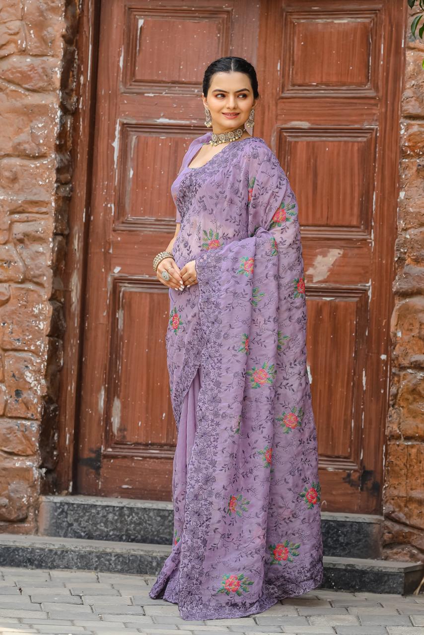 Women's Elegant Sage Green Georgette Saree with Delicate Floral Embroidery & Sequin Work â Perfect for Summer Festivities & Day Events - Lavender/Light Purple