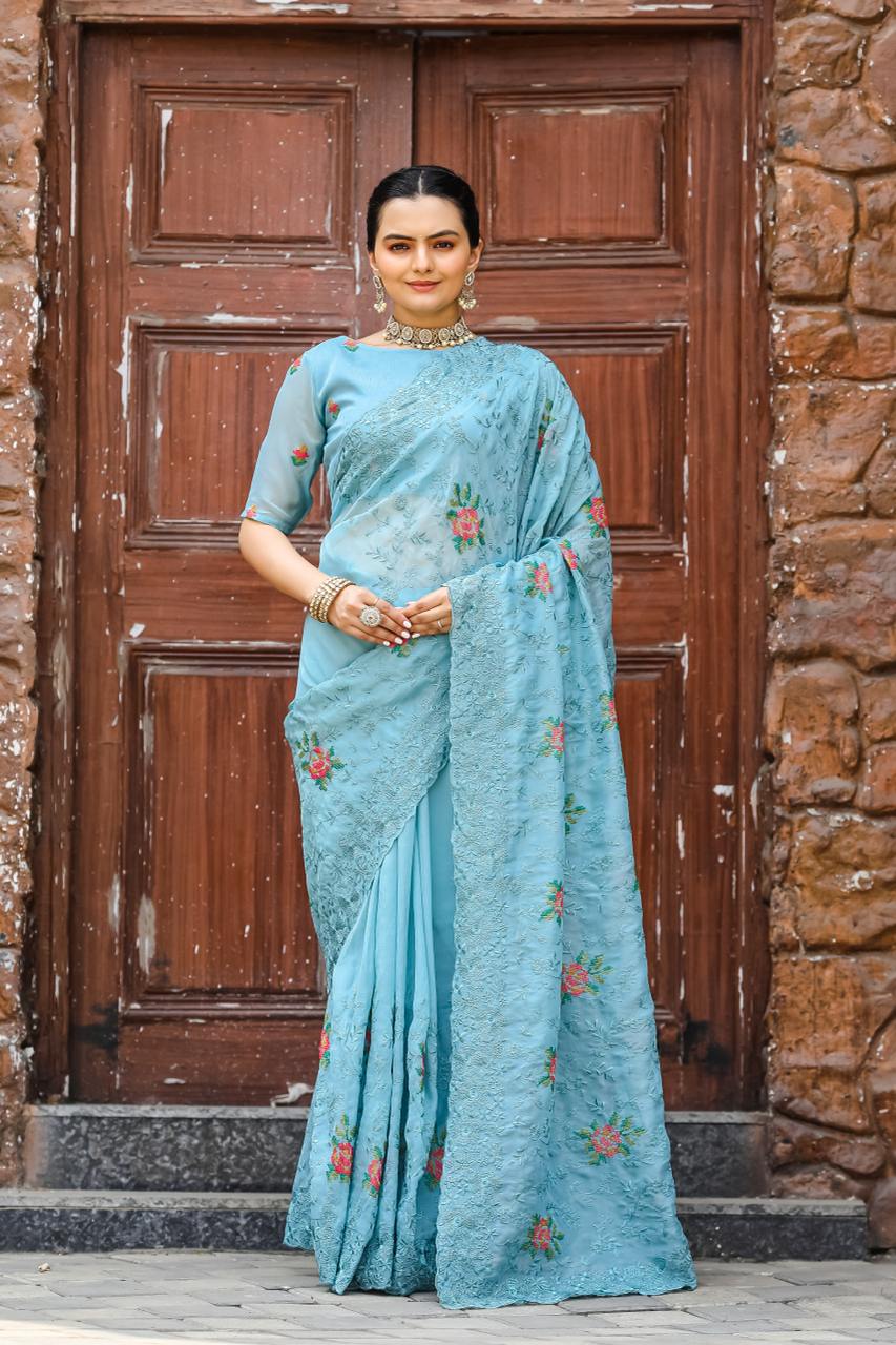 Women's Elegant Sage Green Georgette Saree with Delicate Floral Embroidery & Sequin Work â Perfect for Summer Festivities & Day Events - Light Blue/Sky Blue.