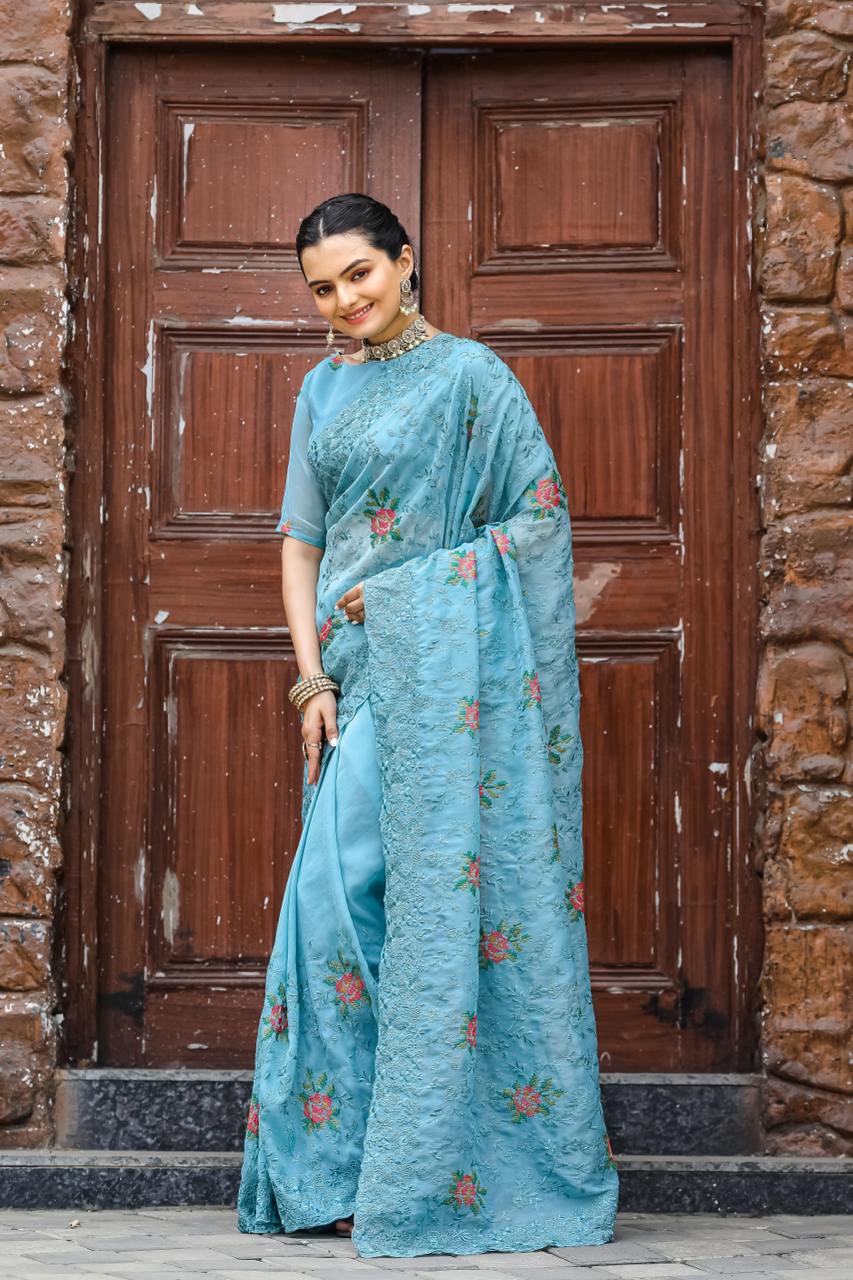 Women's Elegant Sage Green Georgette Saree with Delicate Floral Embroidery & Sequin Work â Perfect for Summer Festivities & Day Events