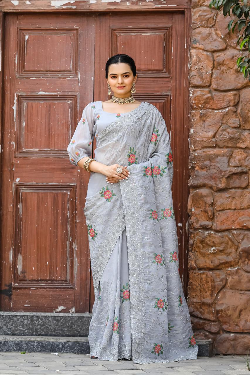 Women's Elegant Sage Green Georgette Saree with Delicate Floral Embroidery & Sequin Work â Perfect for Summer Festivities & Day Events - Light Grey