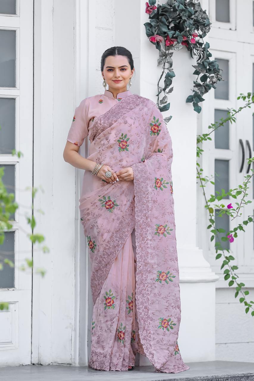 Women's Elegant Sage Green Georgette Saree with Delicate Floral Embroidery & Sequin Work â Perfect for Summer Festivities & Day Events - Light Pink/Mauve