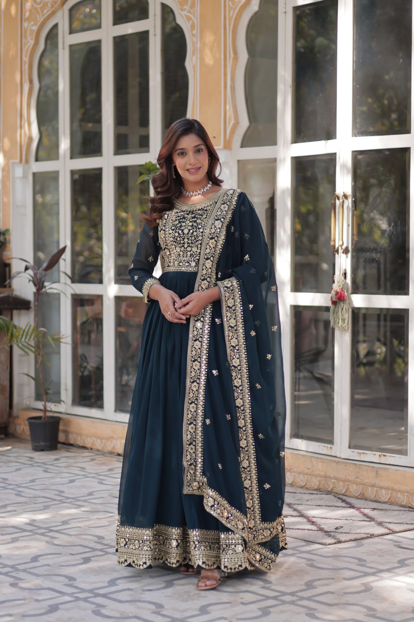 Women's Luxurious Plum Velvet Anarkali Gown with Heavy Gold Zari & Sequin Embroidery â Perfect for Weddings & Grand Festivities - Navy Blue, M (38)