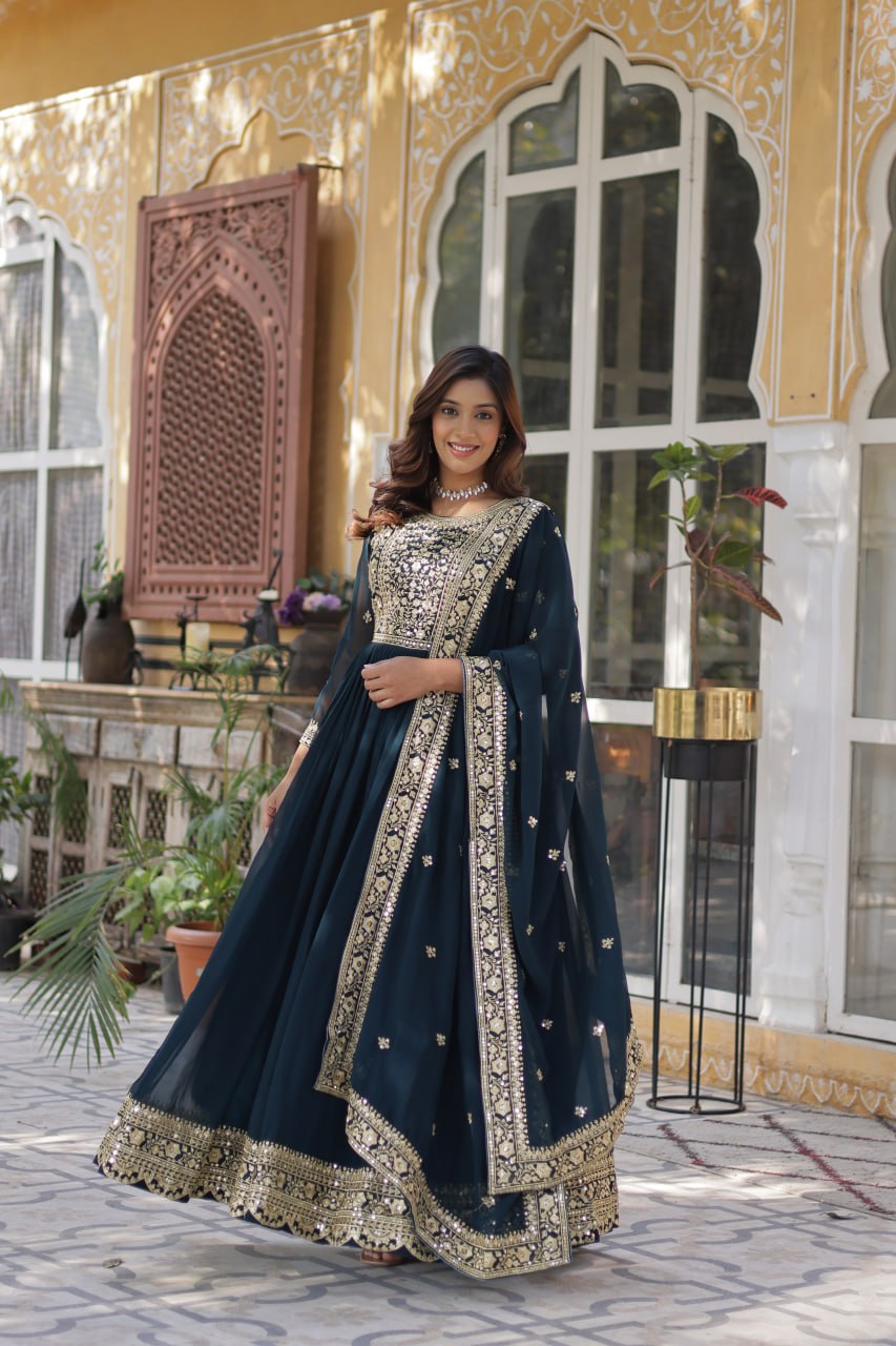 Women's Luxurious Plum Velvet Anarkali Gown with Heavy Gold Zari & Sequin Embroidery â Perfect for Weddings & Grand Festivities - Navy Blue, L (40)