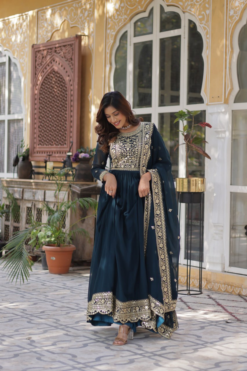 Women's Luxurious Plum Velvet Anarkali Gown with Heavy Gold Zari & Sequin Embroidery â Perfect for Weddings & Grand Festivities - Navy Blue, XL (42)