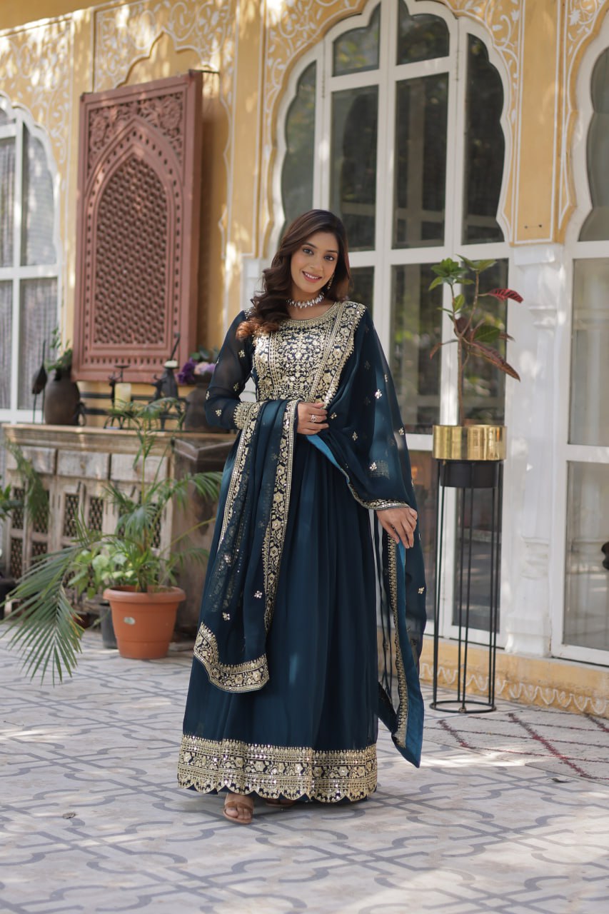 Women's Luxurious Plum Velvet Anarkali Gown with Heavy Gold Zari & Sequin Embroidery â Perfect for Weddings & Grand Festivities - Navy Blue, XXL (44)