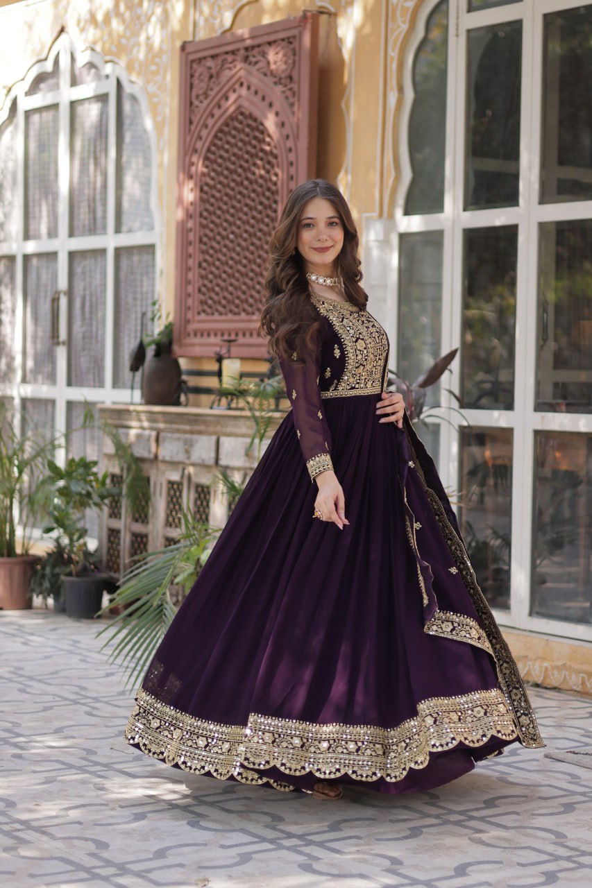 Women's Luxurious Plum Velvet Anarkali Gown with Heavy Gold Zari & Sequin Embroidery â Perfect for Weddings & Grand Festivities