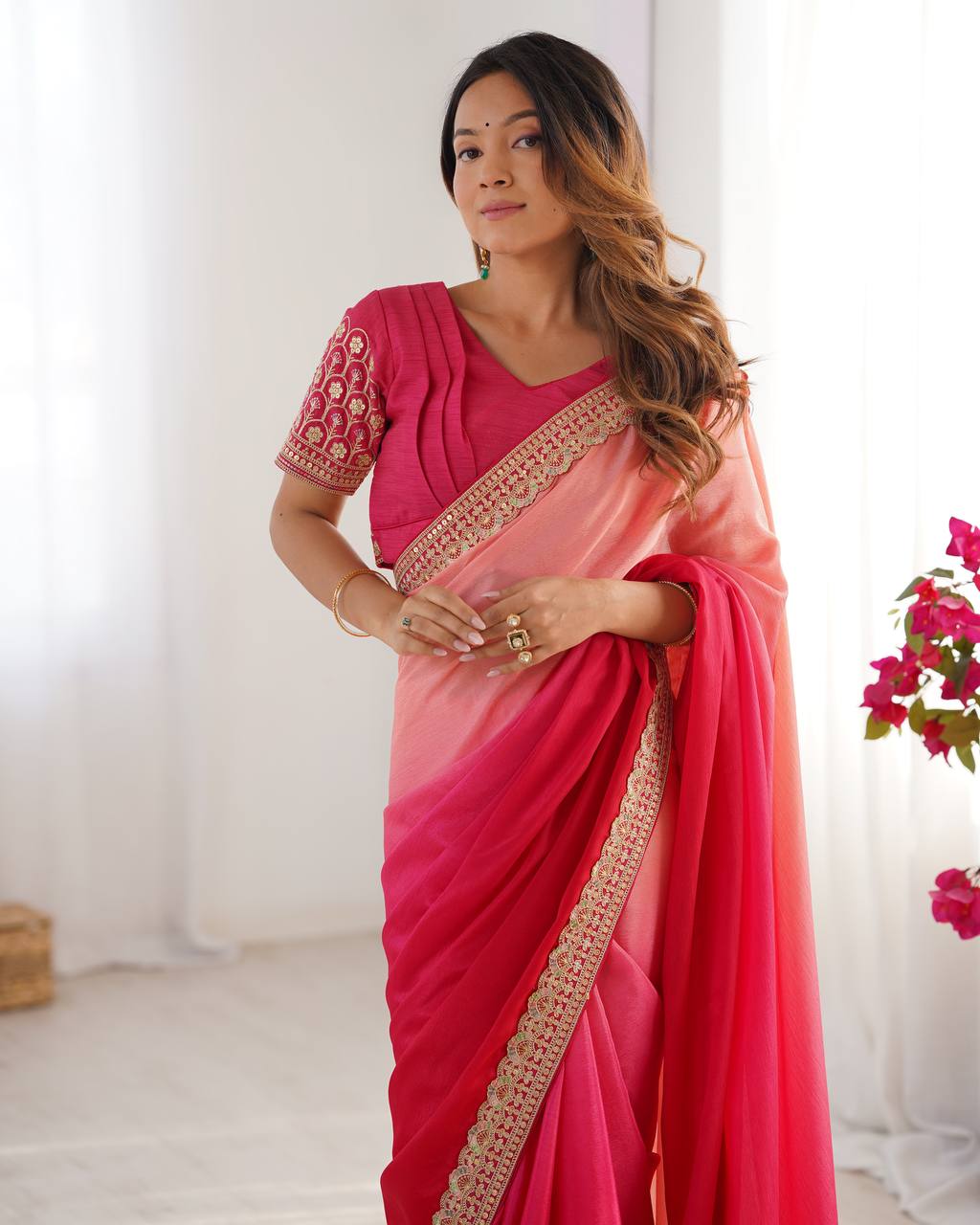 Women's Elegant Ombre Green Georgette Saree with Intricate Golden Zari & Stone Embellishments â Complete with Heavily Worked Blouse for Festive & Wedding Wear - Red Shades