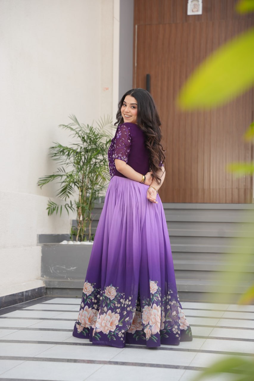 Women's Elegant Teal & Aqua Ombre Gown with Floral Printed Flair & Embellished Bodice â Perfect for Summer Festivities & Parties - Purple And Lavender, XXL (44)