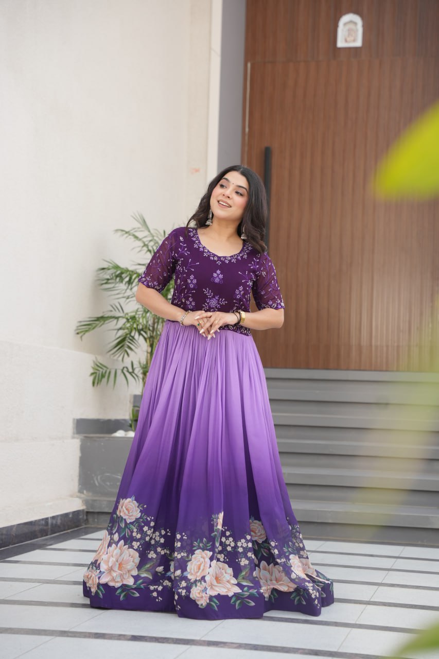 Women's Elegant Teal & Aqua Ombre Gown with Floral Printed Flair & Embellished Bodice â Perfect for Summer Festivities & Parties - Purple And Lavender, L (40)