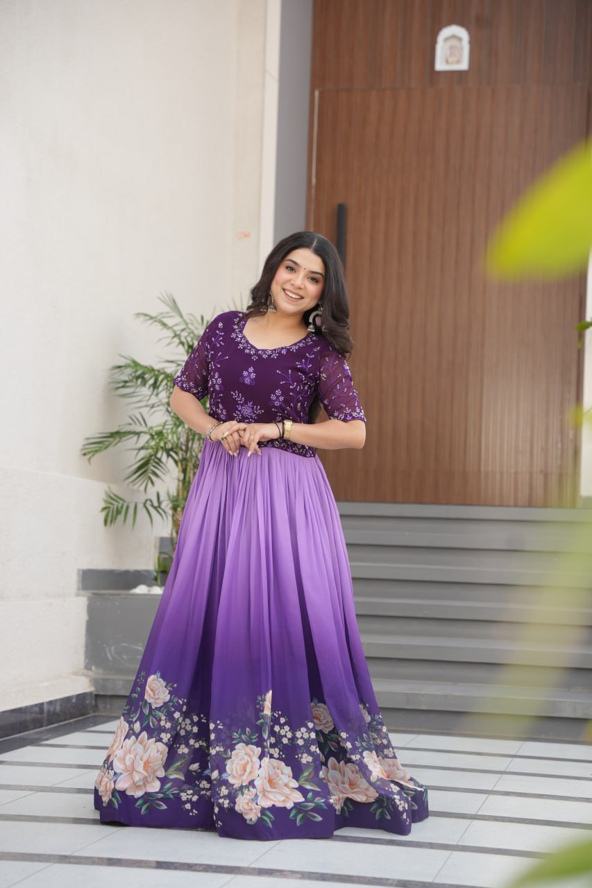 Women's Elegant Teal & Aqua Ombre Gown with Floral Printed Flair & Embellished Bodice â Perfect for Summer Festivities & Parties - Purple And Lavender, M (38)