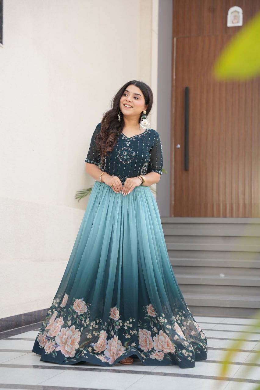 Women's Elegant Teal & Aqua Ombre Gown with Floral Printed Flair & Embellished Bodice â Perfect for Summer Festivities & Parties - Aqua/Light Blue, XXL (44)