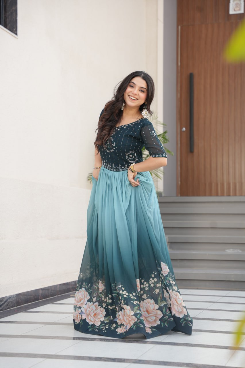 Women's Elegant Teal & Aqua Ombre Gown with Floral Printed Flair & Embellished Bodice â Perfect for Summer Festivities & Parties - Aqua/Light Blue, L (40)