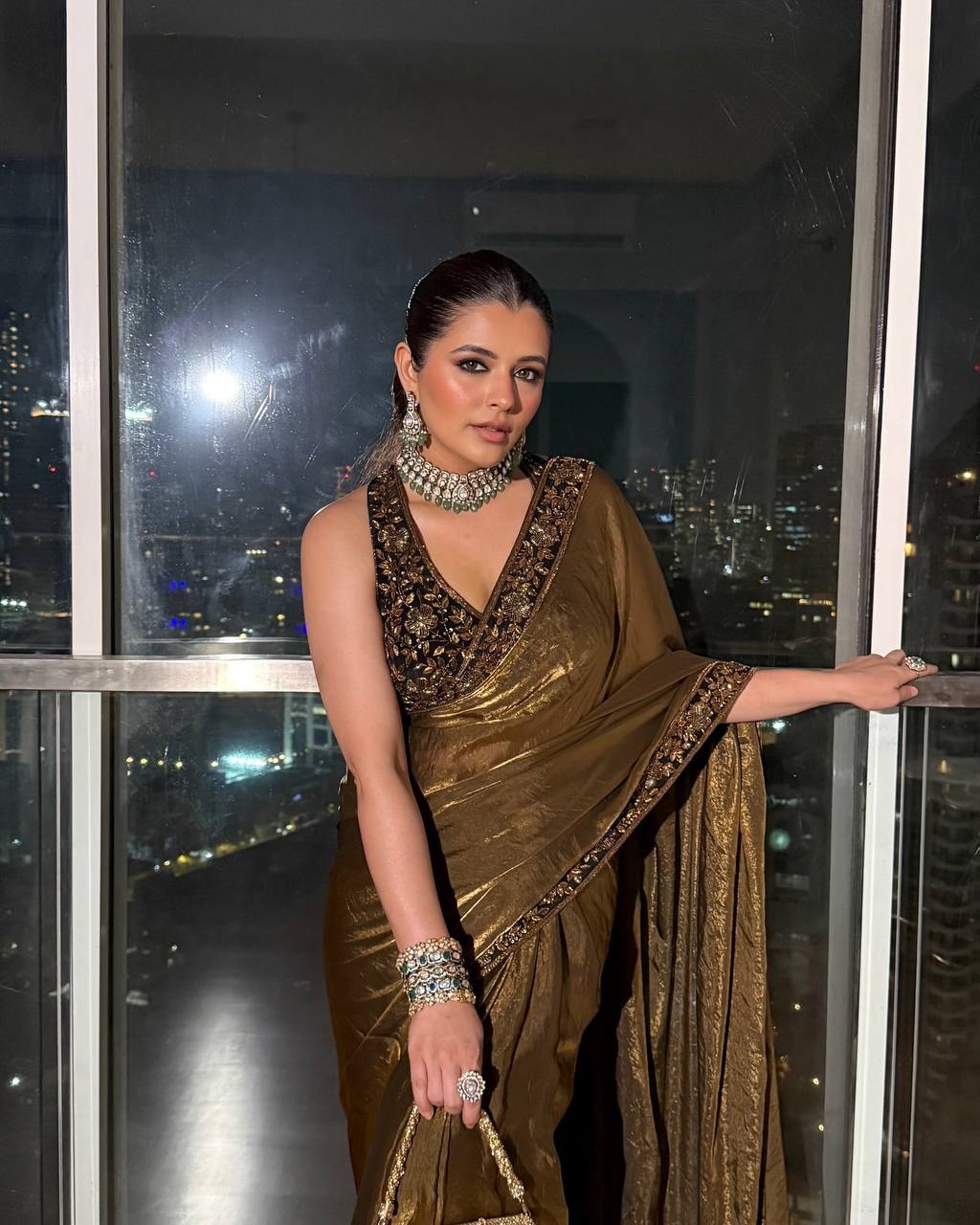 Women's Luxe Olive-Gold Silk Saree with Heavily Embellished Blouse & Border â Ideal for Evening, Wedding & Reception Wear - Bronze