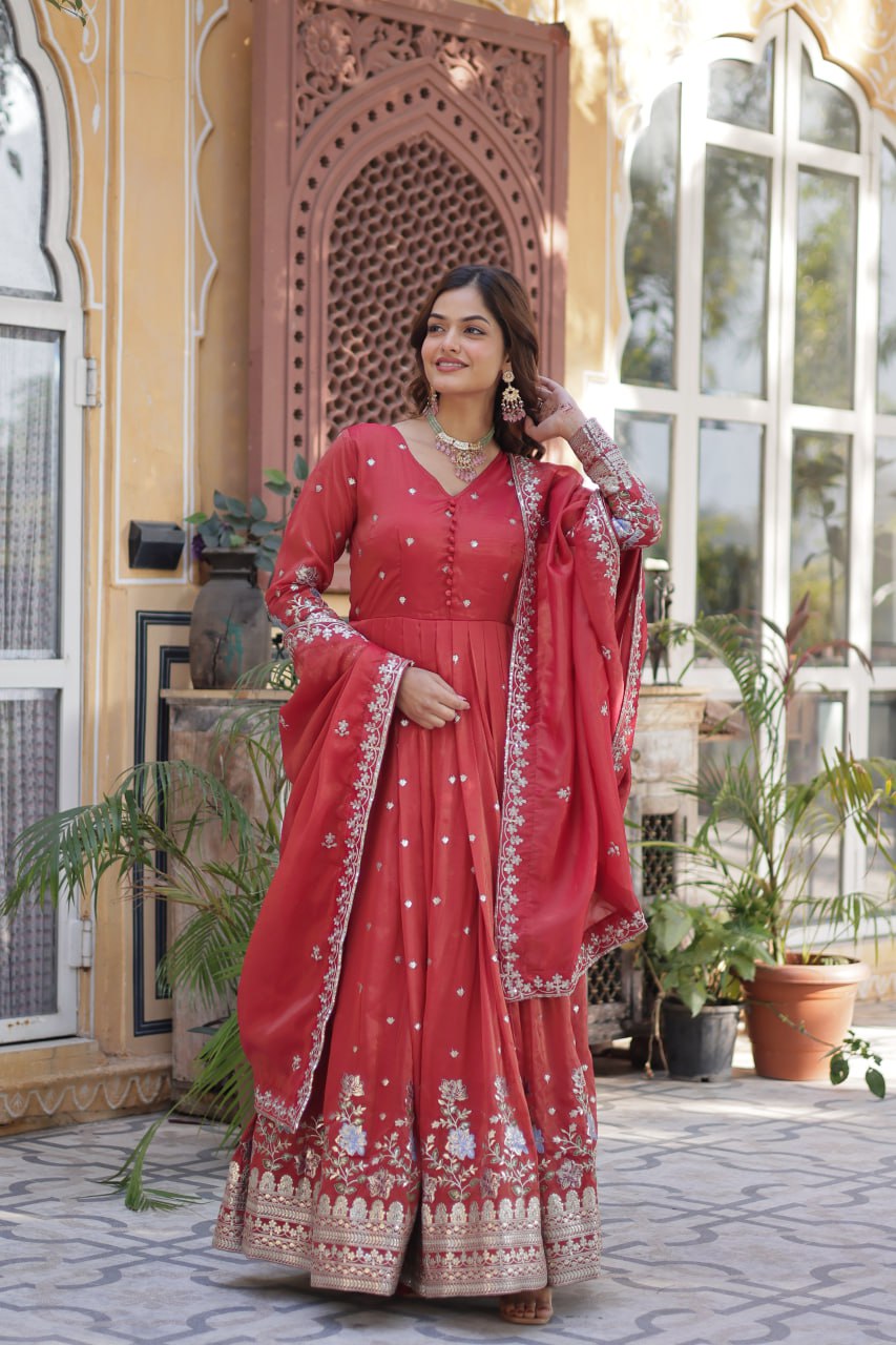 Women's Festive Rust Red Anarkali Gown with Intricate Silver Zari & Sequin Embroidery â Complete with Embroidered Dupatta